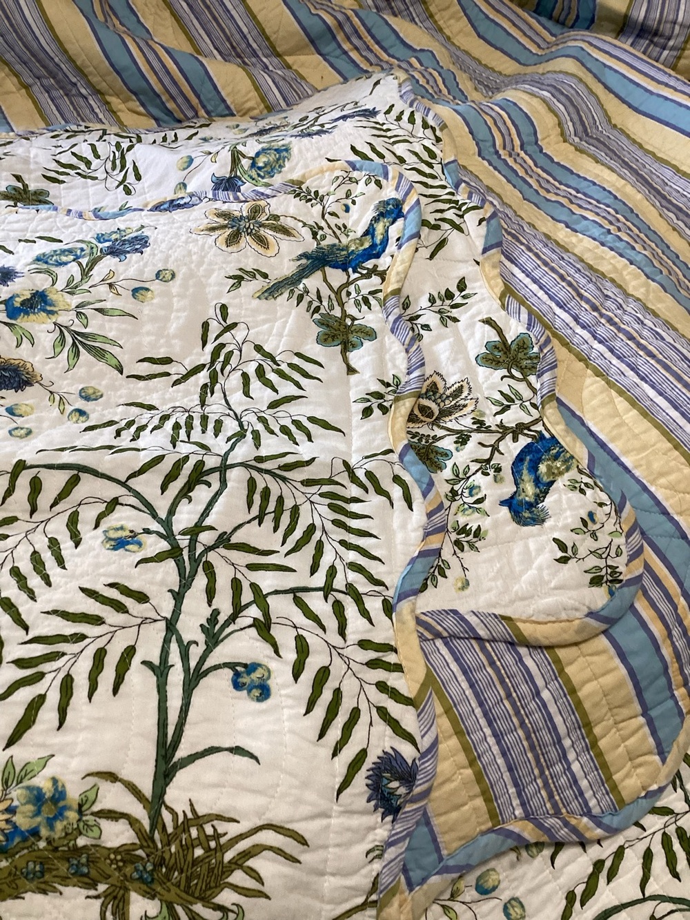 Waverly Blue, Green & Cream Reversible Floral Stripe Quilt
